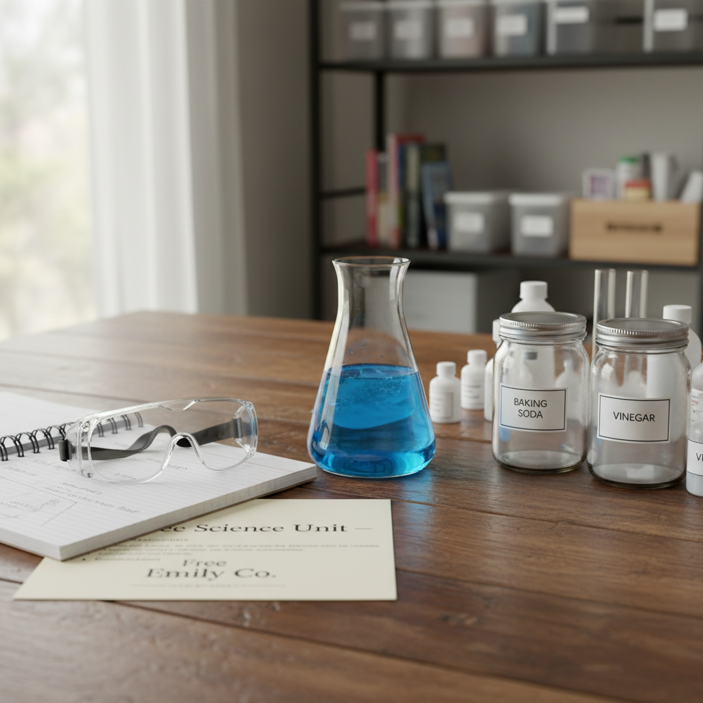 A close-up, photographic scene of a homeschooling science setup: a sturdy wooden table holding a clear glass beaker half-filled with blue-tinted liquid, a neatly arranged set of safety goggles, a spiral notebook open to handwritten experiment steps, and labeled containers of household supplies like baking soda and vinegar. A printed page titled “Free Science Unit – Emily Co.” peeks out from beneath the notebook. Soft overcast daylight from a nearby window creates diffuse, shadowless lighting, emphasizing detail without harsh contrast. Captured from a slightly elevated angle with shallow depth of field, the foreground objects are crisp while the background shelves of organized supplies blur gently. The mood is curious, methodical, and reassuringly professional, ideal for illustrating hands-on homeschool science lessons.