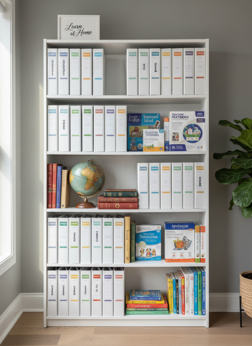 A minimalist white bookcase dedicated to homeschooling materials, each shelf carefully curated with labeled binders for each grade level, colorful curriculum boxes, and a small framed print reading “Learn at Home” in elegant typography. On the middle shelf, a globe with slightly muted colors and a row of classic novels with textured spines add depth and academic character. The bookcase stands against a soft gray wall in a bright, uncluttered room. Natural afternoon light enters from the left, creating gentle side lighting and subtle shadows that highlight the textures of paper and fabric. Photographic realism, shot straight-on at eye level with crisp focus, creating a calm, professional, and aspirational atmosphere for a homeschooling resources page.