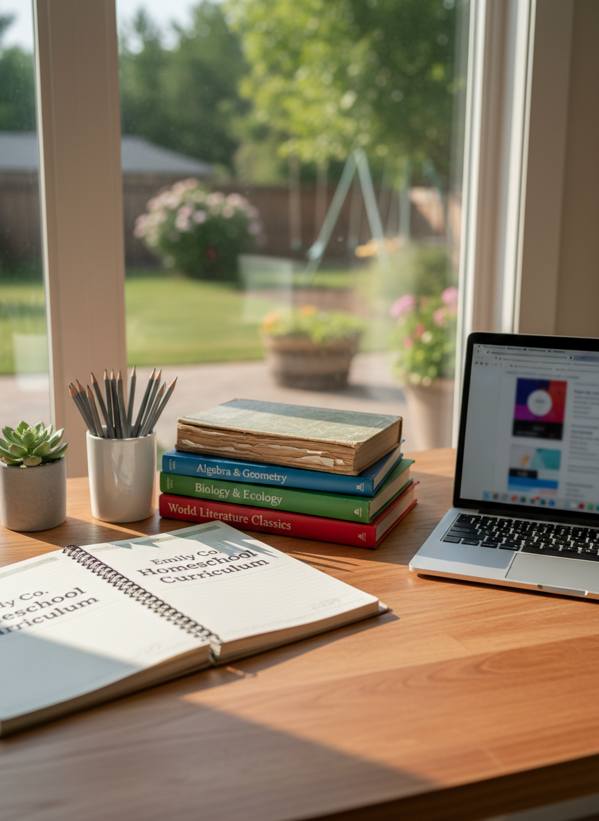 A neatly organized wooden homeschool desk without any people, featuring an open spiral-bound planner labeled “Emily Co. Homeschool Curriculum” beside a stack of well-worn math, science, and literature textbooks. Smoothly sharpened pencils rest in a white ceramic cup, and a silver laptop is slightly ajar, displaying a blurred educational website. The desk sits near a large window overlooking a soft-focus backyard. Gentle morning sunlight streams in, casting calm, elongated shadows across the grain of the wood. Photographic realism with a clean, modern aesthetic, captured at eye level with a shallow depth of field, creating a professional, focused, and inviting atmosphere perfect for a comprehensive homeschooling blog homepage hero image.