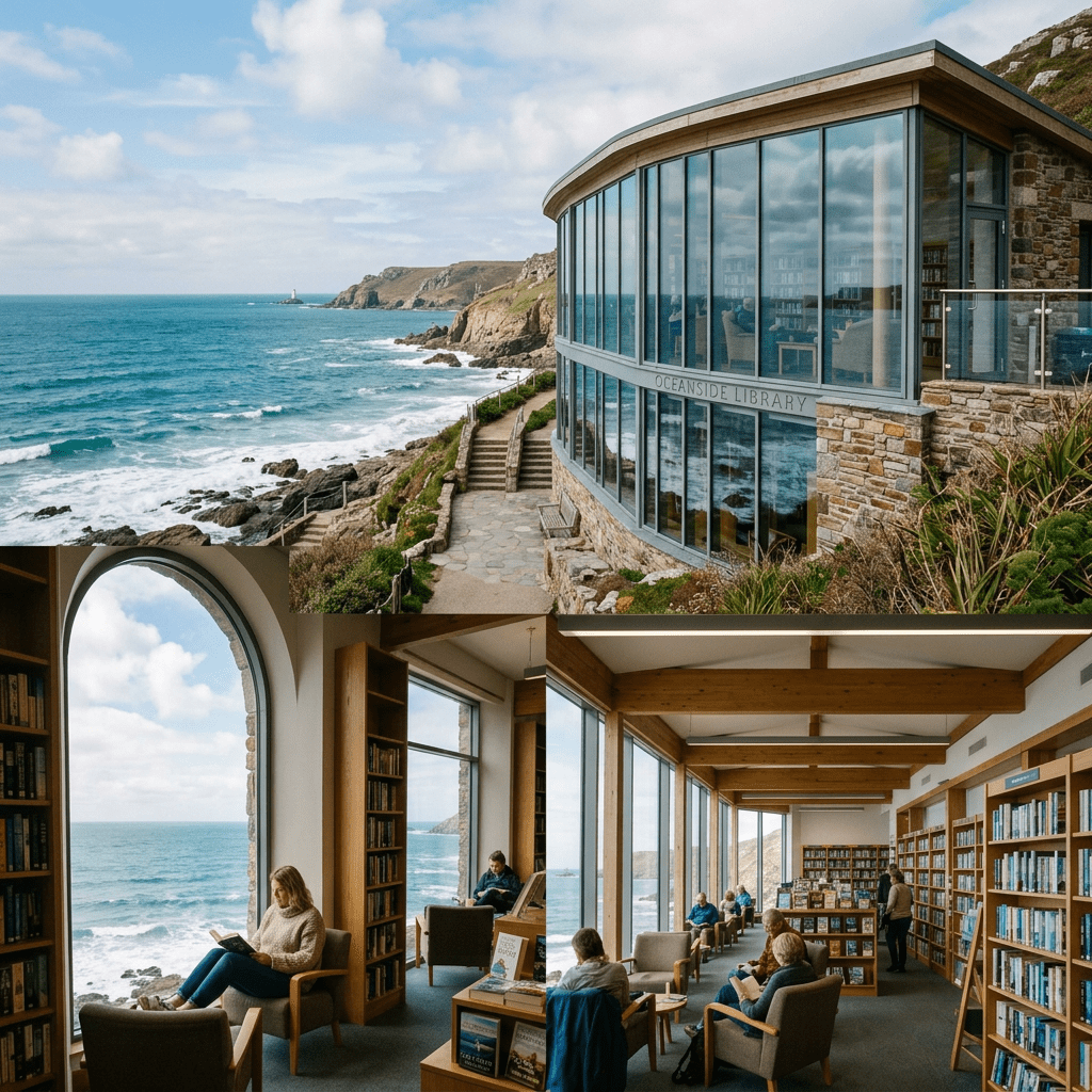 Coastal library with large windows overlooking the ocean and people reading inside