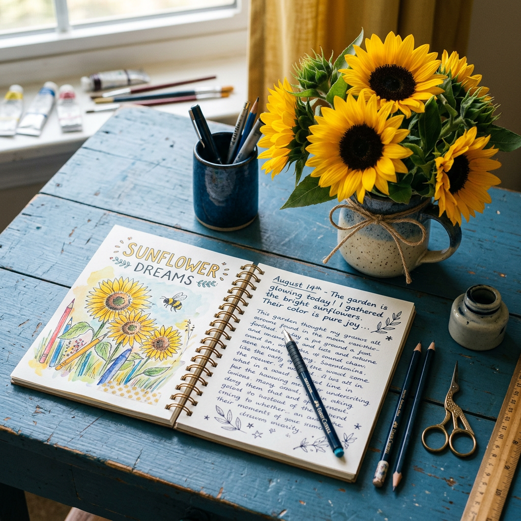 Open journal with sunflower illustration and handwritten text beside a bouquet of fresh sunflowers