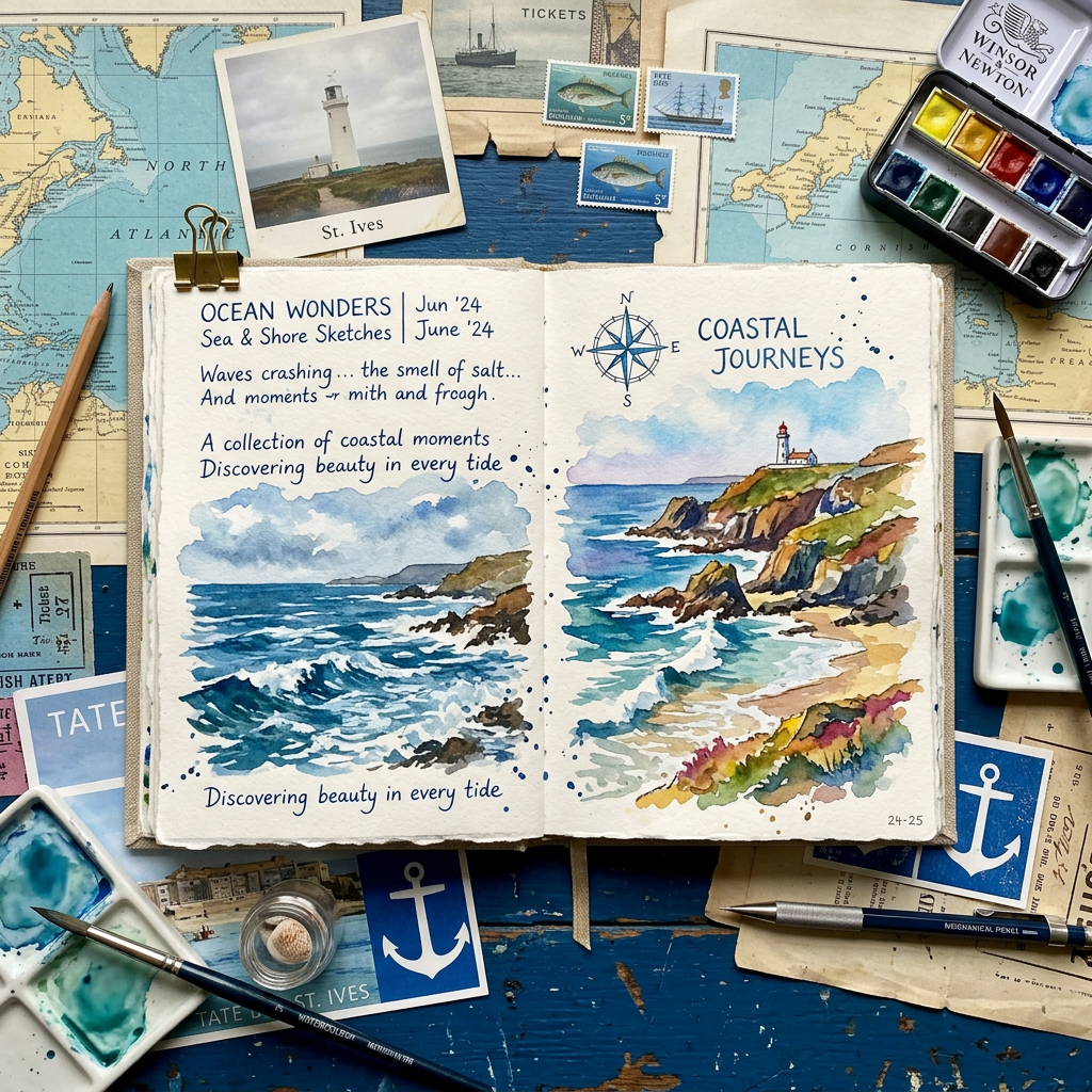 Open journal with hand-painted watercolor coastal scenes and handwritten notes