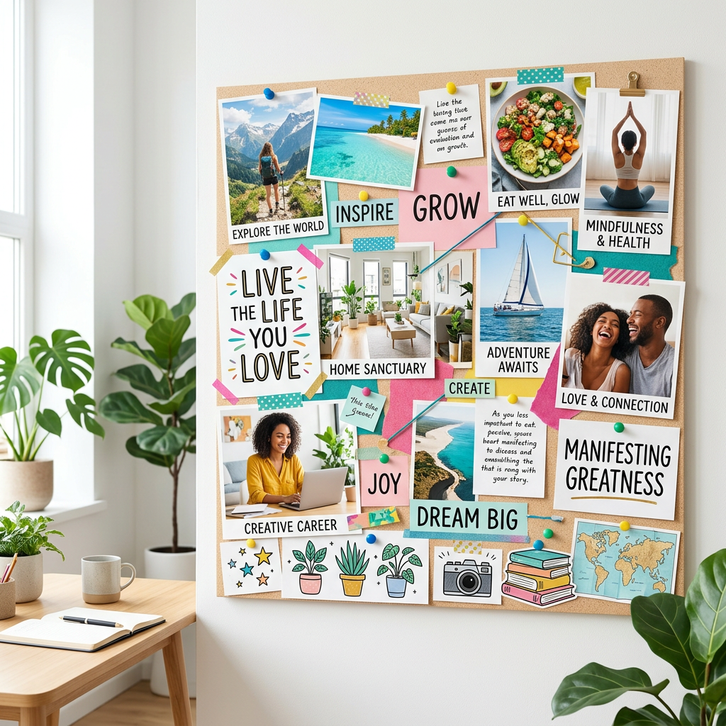 Vision board with quotes and images representing growth, mindfulness, travel, creativity, love, and health