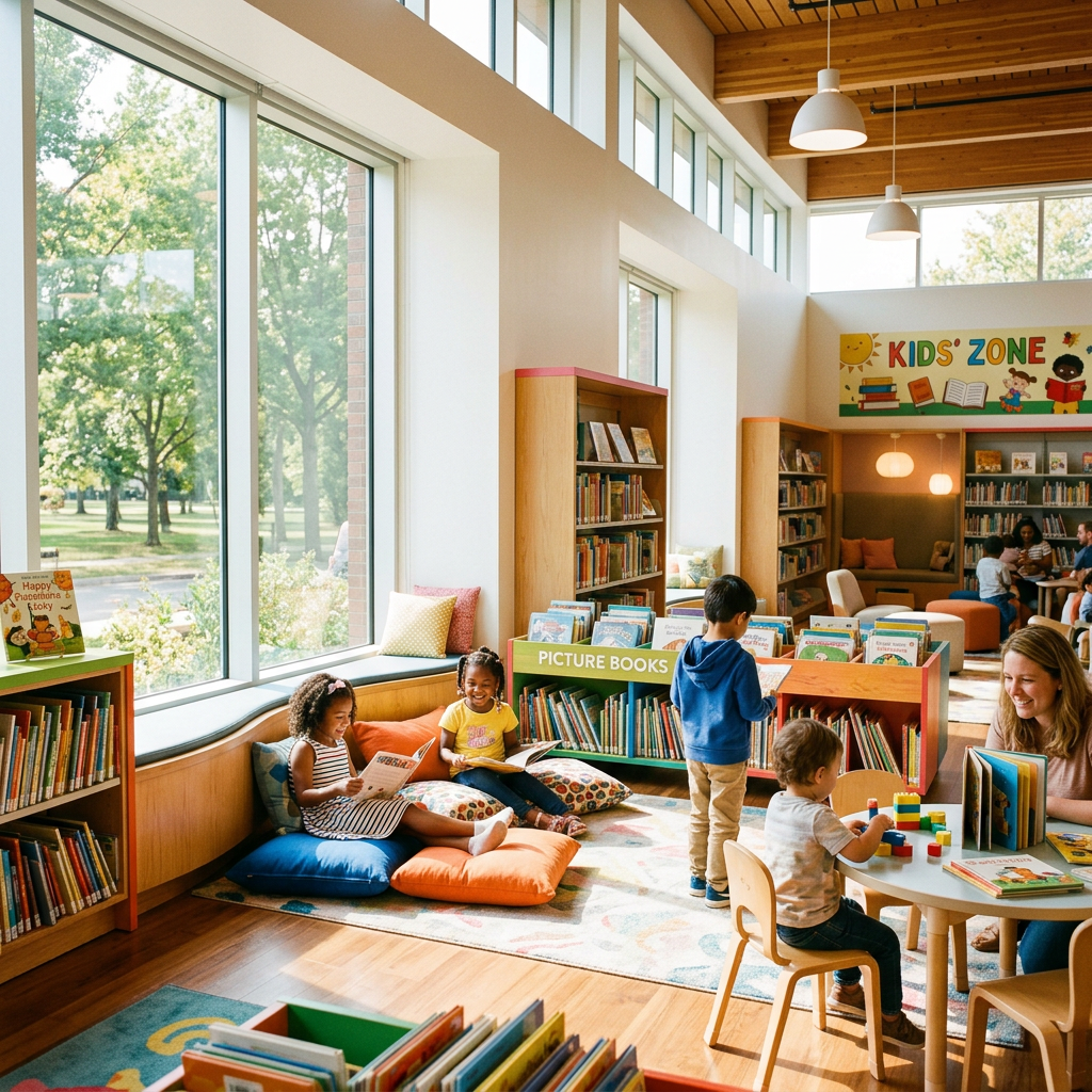 Children reading books and playing with toys in a sunny library kids' area