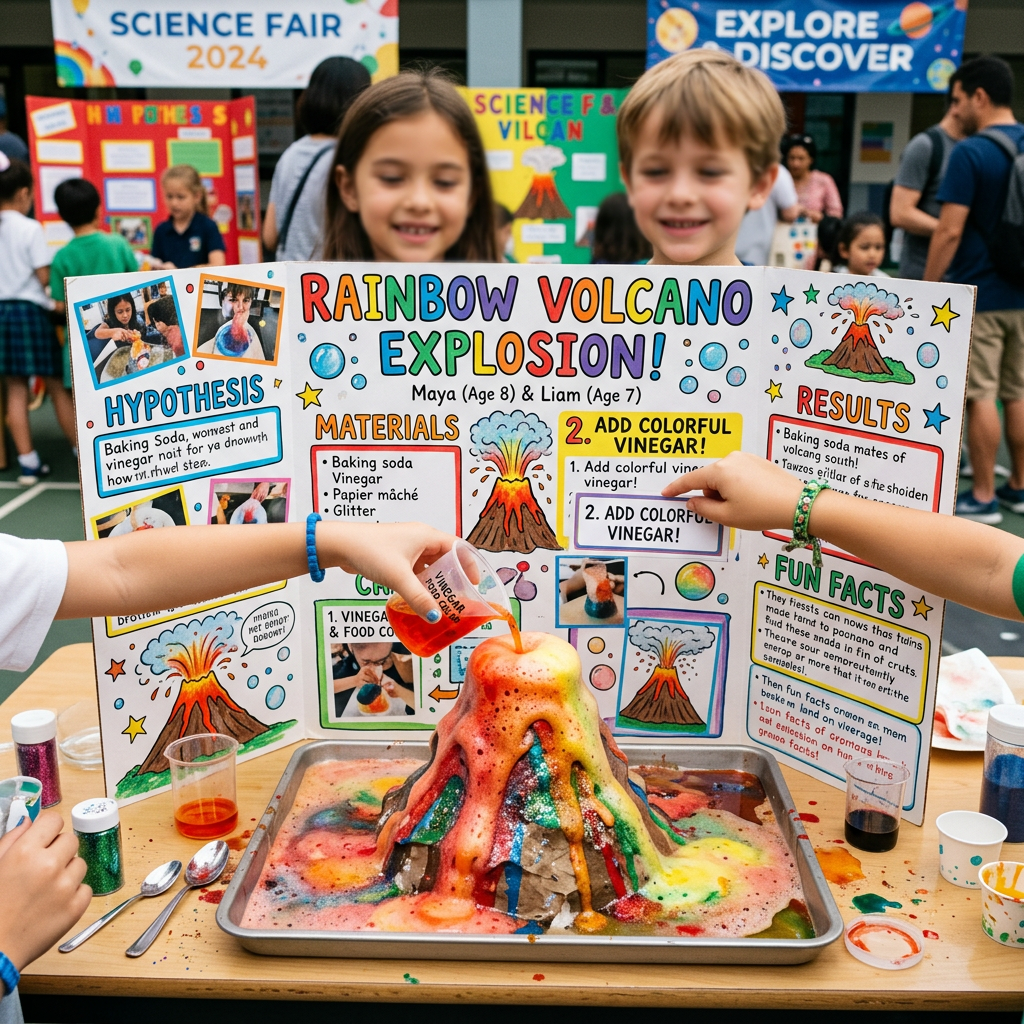 Children conducting a rainbow volcano experiment with colorful eruption and science fair presentation board