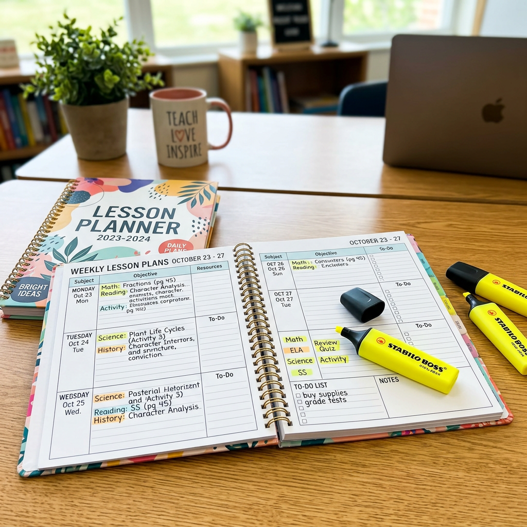 Open weekly lesson planner showing subjects, objectives, and to-do list highlighted with yellow marker